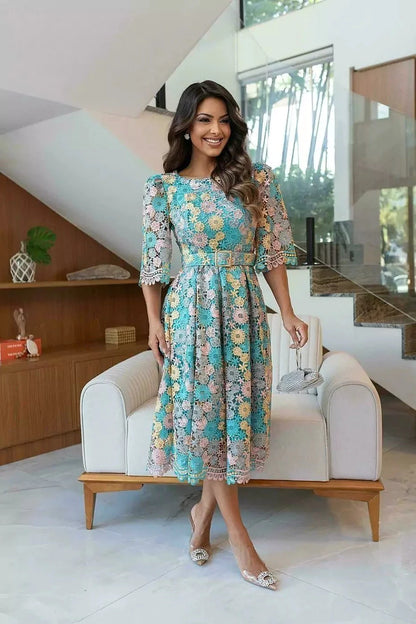 Vestido Bordado Floral Manga Princesa