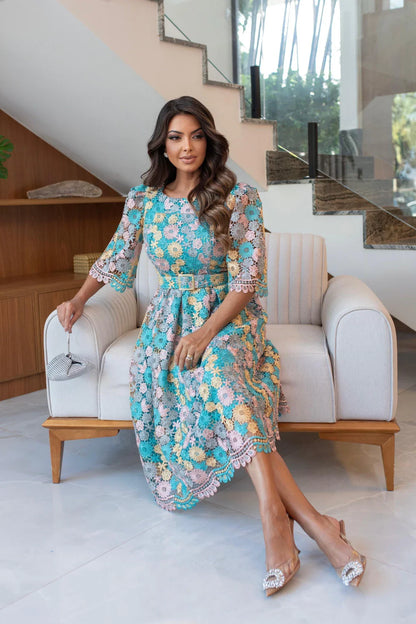 Vestido Bordado Floral Manga Princesa