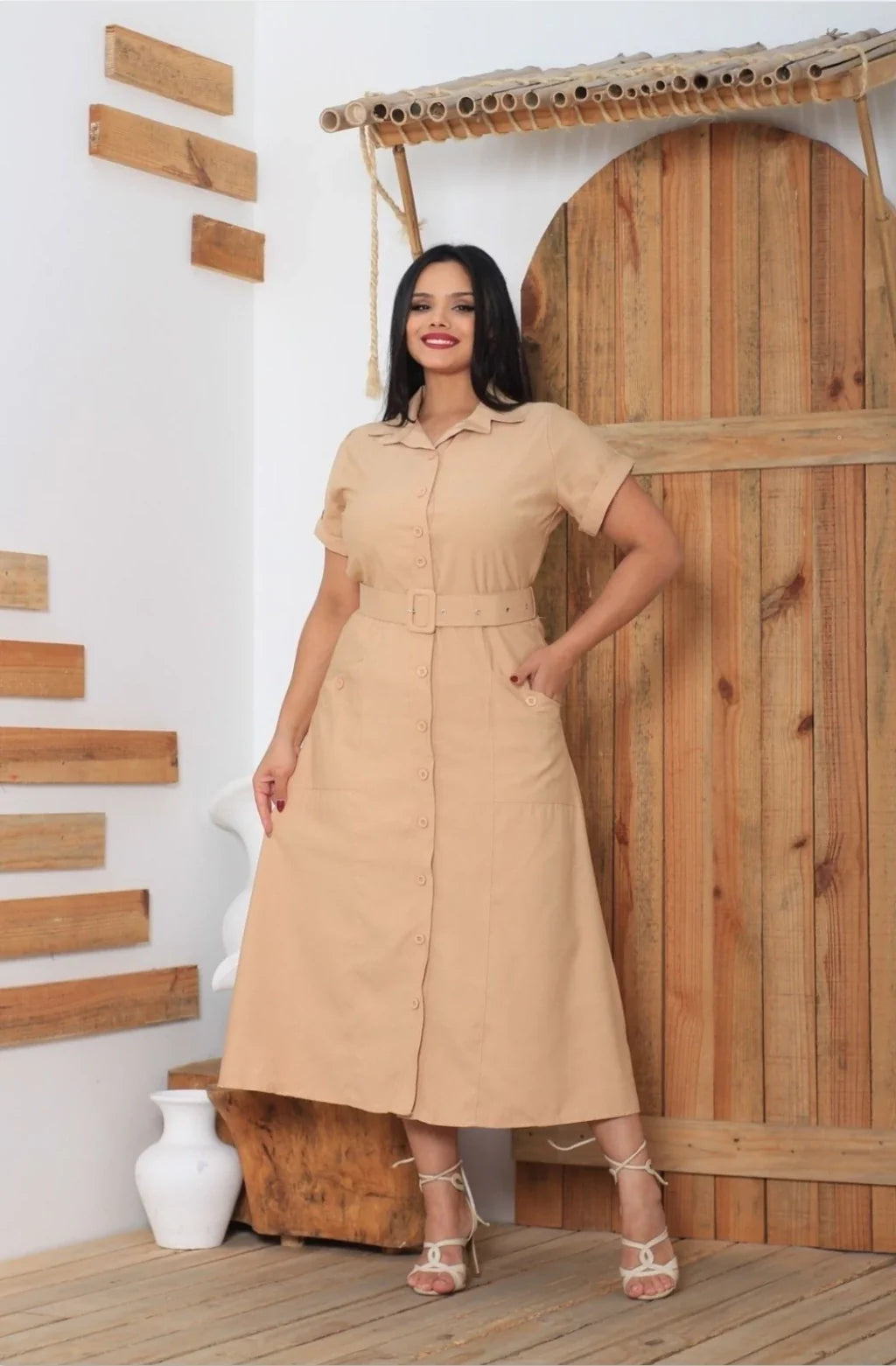 Vestido Chamise Tecido Alfaiataria - Bege